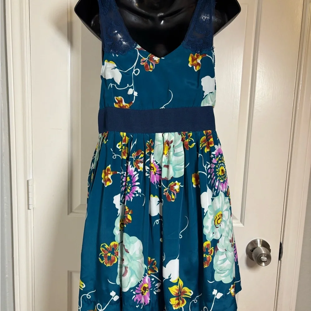 Free People Teal Floral Mini Dress with Navy Lace Trim